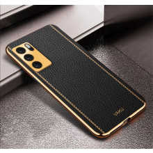Vaku ® Oppo A16 Luxemberg Series Leather Stitched Gold Electroplated Soft TPU Back Cover