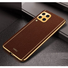 Vaku ® Samsung Galaxy A12 Luxemberg Series Leather Stitched Gold Electroplated Soft TPU Back Cover