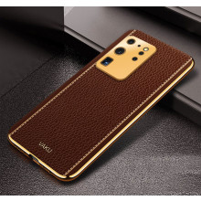 Vaku ® Samsung Galaxy S20 Ultra Luxemberg Series Leather Stitched Gold Electroplated Soft TPU Back Cover