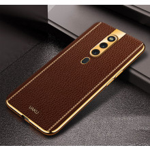 Vaku ® Oppo F11 Pro Luxemberg Series Leather Stitched Gold Electroplated Soft TPU Back Cover