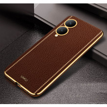 Vaku ® Vivo Y17s Luxemberg Leather Stitched Gold Electroplated Soft TPU Back Cover Case