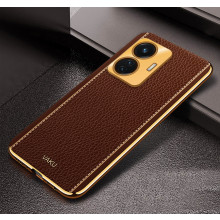 Vaku ® Vivo T1 4G Luxemberg Series Leather Stitched Gold Electroplated Soft TPU Back Cover