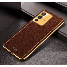 Vaku ® Vivo V23 5G Luxemberg Series Leather Stitched Gold Electroplated Soft TPU Back Cover