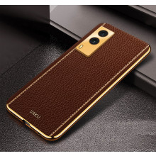 Vaku ® Vivo V21e 5G Luxemberg Series Leather Stitched Gold Electroplated Soft TPU Back Cover