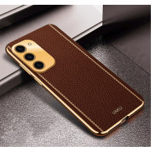 Vaku ® Samsung Galaxy S23 Plus Luxemberg Series Leather Stitched Gold Electroplated Soft TPU Back Cover
