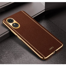 Vaku ® Oppo A17 Luxemberg Leather Pattern Gold Electroplated Soft TPU Back Cover