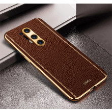 Vaku ® OnePlus 8 Pro Luxemberg Series Leather Stitched Gold Electroplated Soft TPU Back Cover