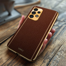 Vaku ® Samsung Galaxy A52 Luxemberg Series Leather Stitched Gold Electroplated Soft TPU Back Cover