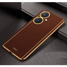 Vaku ® Vivo Y27 Luxemberg Series Leather Stitched Gold Electroplated Soft TPU Back Cover