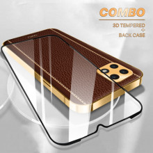 Vaku ® 2In1 Combo Samsung Galaxy A22 5G Luxemberg Leather Stitched Gold Electroplated Case with with ESD Anti-Static Shatterproof Tempered Glass