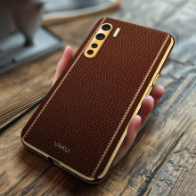 Vaku ® Oppo F15 Luxemberg Series Leather Stitched Gold Electroplated Soft TPU Back Cover