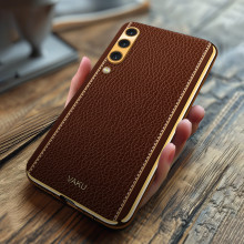 Vaku ® Samsung Galaxy A50s Luxemberg Series Leather Stitched Gold Electroplated Soft TPU Back Cover