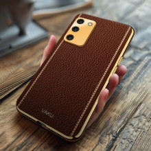 Vaku ® Oppo A53s 5G Luxemberg Series Leather Stitched Gold Electroplated Soft TPU Back Cover