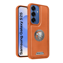 Vaku ® Samsung Galaxy S25 Regal Shield Metal Lion Engraved Leather Protective Back Cover