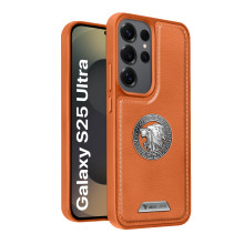 Vaku ® Samsung Galaxy S25 Ultra Regal Shield Metal Lion Engraved Leather Protective Back Cover