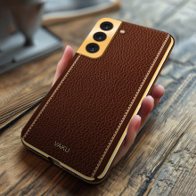 Vaku ® Samsung Galaxy S21 Luxemberg Series Leather Stitched Gold Electroplated Soft TPU Back Cover