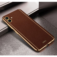 Vaku ® Samsung Galaxy A04e Luxemberg Series Leather Stitched Gold Electroplated Soft TPU Back Cover