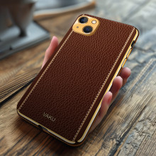 Vaku ® For Apple iPhone 13 Luxemberg Series Leather Stitched Gold Electroplated Soft TPU Back Cover