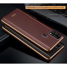 Vaku ® Samsung Galaxy F41 Vertical Leather Stitched Gold Electroplated Soft TPU Back Cover