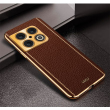 Vaku ® OnePlus 10 Pro Luxemberg Series Leather Stitched Gold Electroplated Soft TPU Back Cover