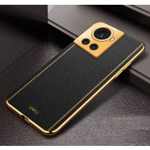 Vaku ® OnePlus 10R Luxemberg Series Leather Stitched Gold Electroplated Soft TPU Back Cover