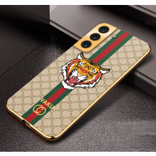 Vaku ® Samsung Galaxy S21 FE Lynx Leather Stitched Gold Electroplated Soft TPU Back Cover
