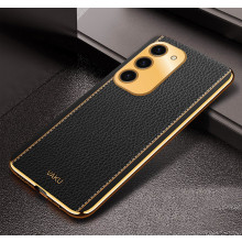 Vaku ® Samsung Galaxy S23 Luxemberg Series Leather Stitched Gold Electroplated Soft TPU Back Cover