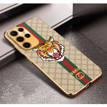 Vaku ® Samsung Galaxy S23 Ultra Lynx Leather Stitched Gold Electroplated Soft TPU Back Cover Case
