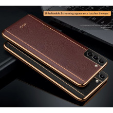 Vaku ® Samsung Galaxy S21 Vertical  Leather Stitched Gold Electroplated Soft TPU Back Cover