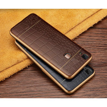 VAKU ® VIVO V3 European Leather Stitched Gold Electroplated Soft TPU Back Cover