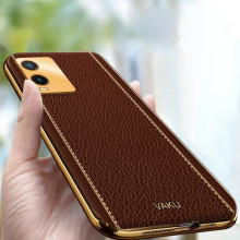 Vaku ® Vivo T1x  Luxemberg Series Leather Stitched Gold Electroplated Soft TPU Back Cover
