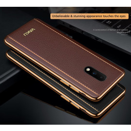 Vaku ® OnePlus 7 Vertical Leather Stitched Gold Electroplated Soft TPU Back Cover