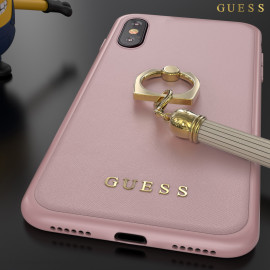 GUESS ® Apple iPhone X Premium Luther Leather 2K Gold Electroplated + inbuilt ring stand + detachable Tassels Back Case