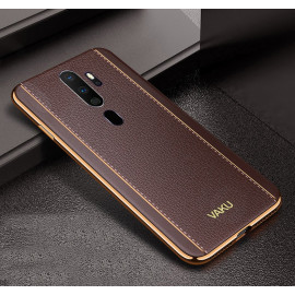 Vaku ® Oppo A9 2020 Vertical Leather Stitched Gold Electroplated Soft TPU Back Cover