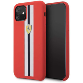 Ferrari ® Apple iPhone 11 White Stripe Liquid Silicon Velvet-Touch Silk Finish Shock-Proof Back Cover