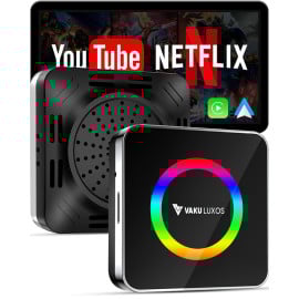 Vaku Luxos® AUTOGLIDE LED Wireless Apple CarPlay & Android Auto Adapter Video Streaming YouTube, Netflix, GPS Navigation, Backup Camera & TF Card Playback for All Cars