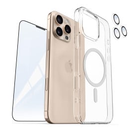 Vaku ® 3in1 Value Combo Pack Glassy Magpro Clear Silicone Back Cover Case + 3D Tempered Glass + Camera Lens Protector Screen Guard for iPhone 16 / 16 Plus / 16 Pro / 16 Pro Max