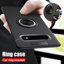 Vaku ® Samsung Galaxy S10 Ring Holder Auto Focus Leather Stitched Soft Silicone 4 Frames plus ultra-thin case transparent cover