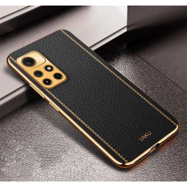 Vaku ® Redmi Note 11T 5G Luxemberg Series Leather Stitched Gold Electroplated Soft TPU Back Cover