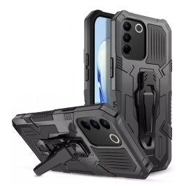 Vaku ® Vivo V27 5G Vanguard Military Grade Armor Case with Metal Belt Clip Kickstand Back Cover