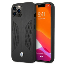BMW ® For iPhone 13 Pro Max Real Leather Perforated Seat Side Debossed Line Signature Collection Hard Case - Black