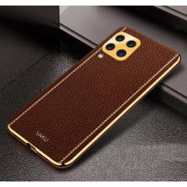 Vaku ® Samsung Galaxy A12 Luxemberg Series Leather Stitched Gold Electroplated Soft TPU Back Cover
