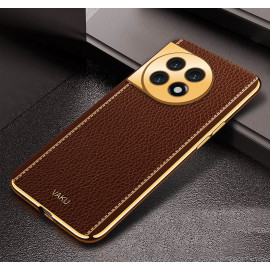 Vaku ® OnePlus 11 Luxemberg Series Leather Stitched Gold Electroplated Soft TPU Back Cover