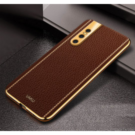 Vaku ® Vivo V15 Pro Luxemberg Series Leather Stitched Gold Electroplated Soft TPU Back Cover