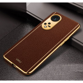 Vaku ® Oppo Reno8T 5G Luxemberg Series Leather Stitched Gold Electroplated Soft TPU Back Cover