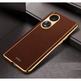 Vaku ® Oppo A78 Luxemberg Series Leather Stitched Gold Electroplated Soft TPU Back Cover