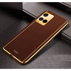 Vaku ® Vivo Y21a Luxemberg Series Leather Stitched Gold Electroplated Soft TPU Back Cover