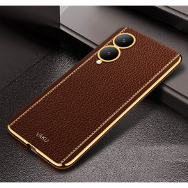 Vaku ® Vivo Y17s Luxemberg Leather Stitched Gold Electroplated Soft TPU Back Cover Case