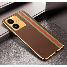 Vaku ® Vivo Y22 Felix Line Leather Stitched Gold Electroplated Soft TPU Back Cover Case