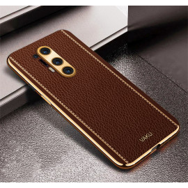 Vaku ® OnePlus 8 Pro Luxemberg Series Leather Stitched Gold Electroplated Soft TPU Back Cover